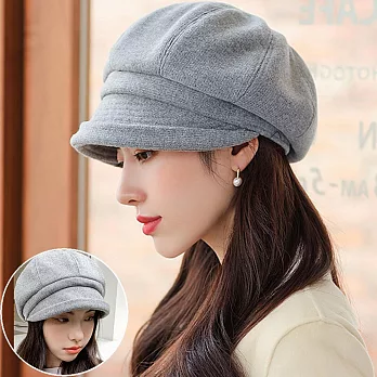 seoul show首爾秀 護耳捲邊八角帽挺版雙層鴨舌帽保暖貝雷帽  灰色