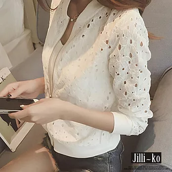 【Jilli~ko】蕾絲鏤空薄款休閒短款拉鍊外套 J6273  FREE 白色