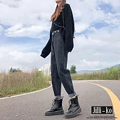【Jilli~ko】可調節高腰寬鬆牛仔蘿蔔直筒褲 M-XL J11000 L 黑色