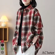 【ACheter】 格子襯衫大碼外套時尚長袖中長版襯衫上衣# 119013 L 紅色