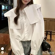 【ACheter】 時髦個性大翻領娃娃衫寬鬆慵懶長袖甜美襯衫短版上衣# 119019 L 白色