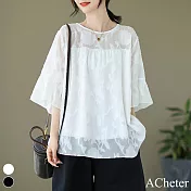 【ACheter】 簡約顯瘦大碼圓領剪花七分袖蕾絲衫中長版上衣# 119113 2XL 白色