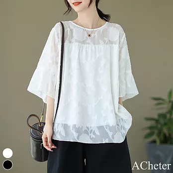 【ACheter】 簡約顯瘦大碼圓領剪花七分袖蕾絲衫中長版上衣# 119113 2XL 白色