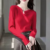 【MsMore】 V領珍珠扣内搭修身長袖毛衣針織衫短版上衣# 119489 FREE 紅色