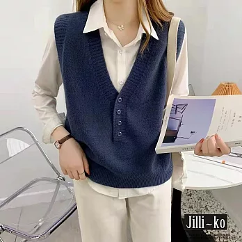 【Jilli~ko】韓版疊穿外搭毛衣寬鬆無袖針織馬甲 J11005  FREE 深藍色