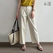 [衣途]對稱褶皺寬鬆全棉直筒褲M-L(KDPQ-B683) M 米白色