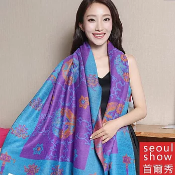 Seoul Show首爾秀 藏傳花間 仿羊絨雙面提花圍巾披肩  湖藍框紫底