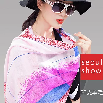 Seoul Show首爾秀 普普條格 60支紗100%純羊毛印花圍巾保暖披肩  粉彩
