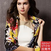 Seoul Show首爾秀 花映扶桑 60支紗100%純羊毛印花圍巾保暖披肩  豹紋藍