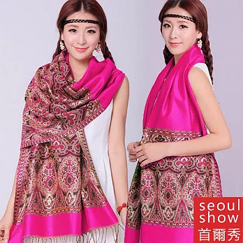 Seoul Show首爾秀 波西風情 棉質編織保暖圍巾披肩  玫紅