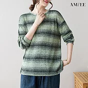 【AMIEE】舒適休閒圓領條紋針織衫(4色/L-XL/KDTQ-5858) XL 綠色