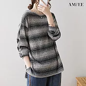 【AMIEE】舒適休閒圓領條紋針織衫(4色/L-XL/KDTQ-5858) XL 卡其