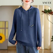 【AMIEE】柔軟直坑條連帽針織衛衣(6色/XL-4XL/KDTQ-6489) 2XL 藍色