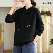 【AMIEE】柔軟直坑條連帽針織衛衣(6色/XL-4XL/KDTQ-6489) 2XL 黑色