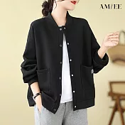 【AMIEE】經典休閒圓領排扣衛衣外套(4色/M-XL/KDCQ-2336) M 黑色