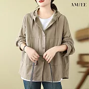 【AMIEE】簡約棉質連帽襯衫外套(2色/L-XL/KDCQ-2339) XL 卡其