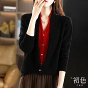 【初色】紅黑撞色V領假兩件長袖針織開衫外套女上衣-共2色-30424(F可選) F 黑色