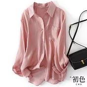 【初色】輕薄透氣寬鬆薄天絲休閒素色翻領排扣單口袋空調防曬長袖襯衫上衣-共4色-30607(M-2XL可選) XL 粉色