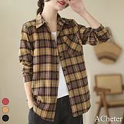 【ACheter】 格子襯衫薄長袖復古寬鬆大碼上衣疊穿秋涼短版外罩# 119596 L 黃色