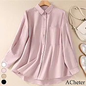 【ACheter】 韓版個性簡約百搭翻領長袖上衣襯衫慵懶外罩短版# 119598 L 粉紅色
