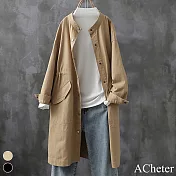 【ACheter】 復古長版立領收腰風衣長袖休閒顯瘦純棉洗水圓領外套# 119601 L 卡其色