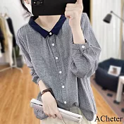 【ACheter】 藍白千鳥格棉襯衫寬鬆復古長袖小領子防曬空調外罩短版上衣# 119612 XL 藏青色