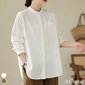 【ACheter】 日系復古大地襯衫通勤小立領長袖外罩短版上衣# 119616 L 白色