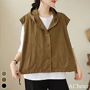 【ACheter】 韓版寬鬆大碼純棉馬夾外套無袖連帽外搭上衣# 119617 XL 咖色