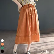 【ACheter】 純色高腰半身裙文藝簡約休閒A字裙棉麻感大擺長裙# 119659 M 橘色