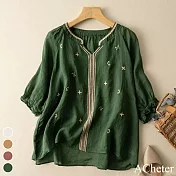 【ACheter】 文藝V領刺繡蘆麻感七分袖寬鬆顯瘦薄款短版上衣# 119662 M 綠色