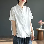 【ACheter】 文藝復古麻棉短袖襯衫寬鬆顯瘦百搭純色短版上衣# 119663 M 白色
