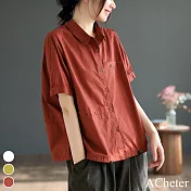 【ACheter】 文藝復古麻棉短袖襯衫寬鬆顯瘦百搭純色短版上衣# 119663 M 紅色