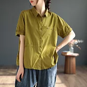 【ACheter】 文藝復古麻棉短袖襯衫寬鬆顯瘦百搭純色短版上衣# 119663 XL 黃色