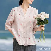 【ACheter】 文藝寬鬆v領棉麻感襯衫五分袖顯瘦印花短版上衣# 119665 M 粉紅色