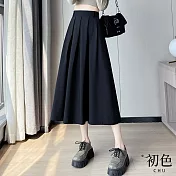 【初色】素色休閒遮肉顯瘦高腰百褶西裝半身裙-共3色-30685(M-XL可選) M 黑色