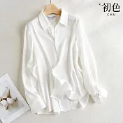 【初色】純色簡約通勤休閒寬鬆百搭翻領長袖襯衫上衣-白色-30475(M-2XL可選) M 白色