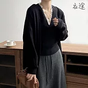 [衣途]高奢蕾絲V領針織背心+外套兩件套裝FREE(KDAQ-B335) F 黑色