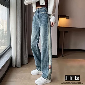 【Jilli~ko】高腰撞色設計闊腿直筒拖地牛仔褲 M-2XL J11039  L 藍色
