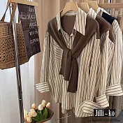 【Jilli~ko】假兩件披肩慵懶風法式條紋襯衫 J11021 FREE 卡其色
