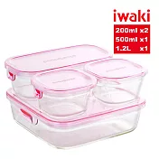 【iwaki】日本品牌耐熱玻璃保鮮盒四入組(200ml*2+500ml+1.2L/保鮮/備料/烤模/便當盒)粉色(原廠總代理)