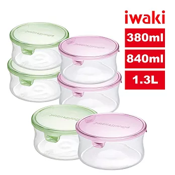 【iwaki】日本品牌耐熱玻璃保鮮盒三入組(圓型/380ml+840ml+1.3L)(原廠總代理)  綠色