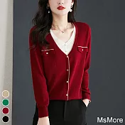 【MsMore】 假兩件上衣長袖V領薄毛衣寬鬆針織衫短版# 119228 FREE 紅色