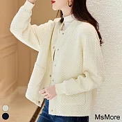 【MsMore】 華夫格棒球服圓領長袖時尚減齡休閒外套夾克中長外套# 119297 XL 米白色