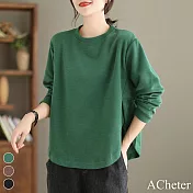 【ACheter】 大碼純色上衣寬鬆簡約不規則圓領長袖百搭短版# 119360 FREE 綠色