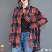【ACheter】 棉質翻領長袖襯衫寬鬆大碼格子口袋休閒中長上衣外罩# 119603 L 紅色