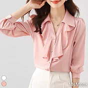 【MsMore】 V領荷葉邊領氣質純色襯衫長袖短版柔美上衣# 119642 M 粉紅色