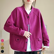 【ACheter】 圓領純色簡約華夫格寬鬆彈力棉質長袖棒球服夾克短外套# 119650 M 玫紅色