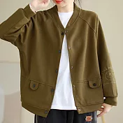 【ACheter】 圓領純色簡約華夫格寬鬆彈力棉質長袖棒球服夾克短外套# 119650 M 橄欖綠色