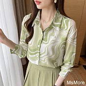 【MsMore】 綠色條紋印花長袖雪紡襯衫輕熟法式短版寬鬆上衣# 119655 M 綠色