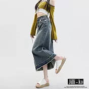 【Jilli~ko】高腰毛邊設計復古牛仔包臀裙 M-L J11037 M 藍色